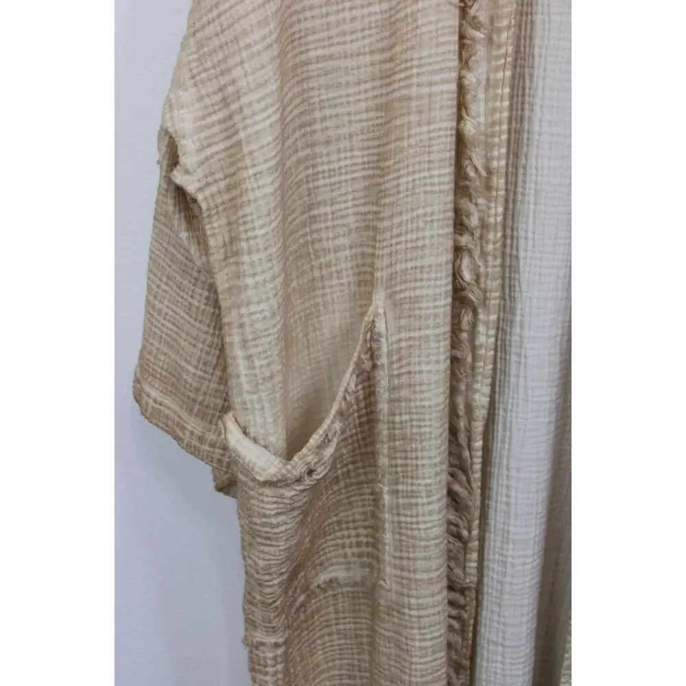 IKIKIZ Kimono Duster Women's OS Crinkle Cotton Cardigan Robe Tribal Missing Belt